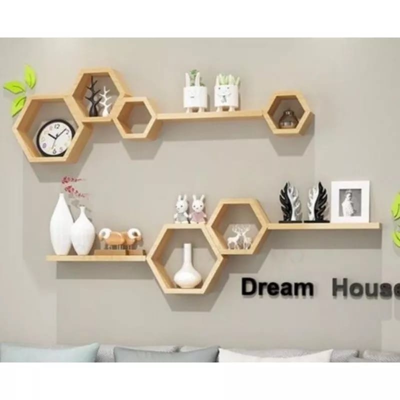 Rak Dinding Hexagonal Hiasan Dinding Aesthetic Rak Hexagonal Kayu Jati Belanda Pajangan Hiasan Dindi