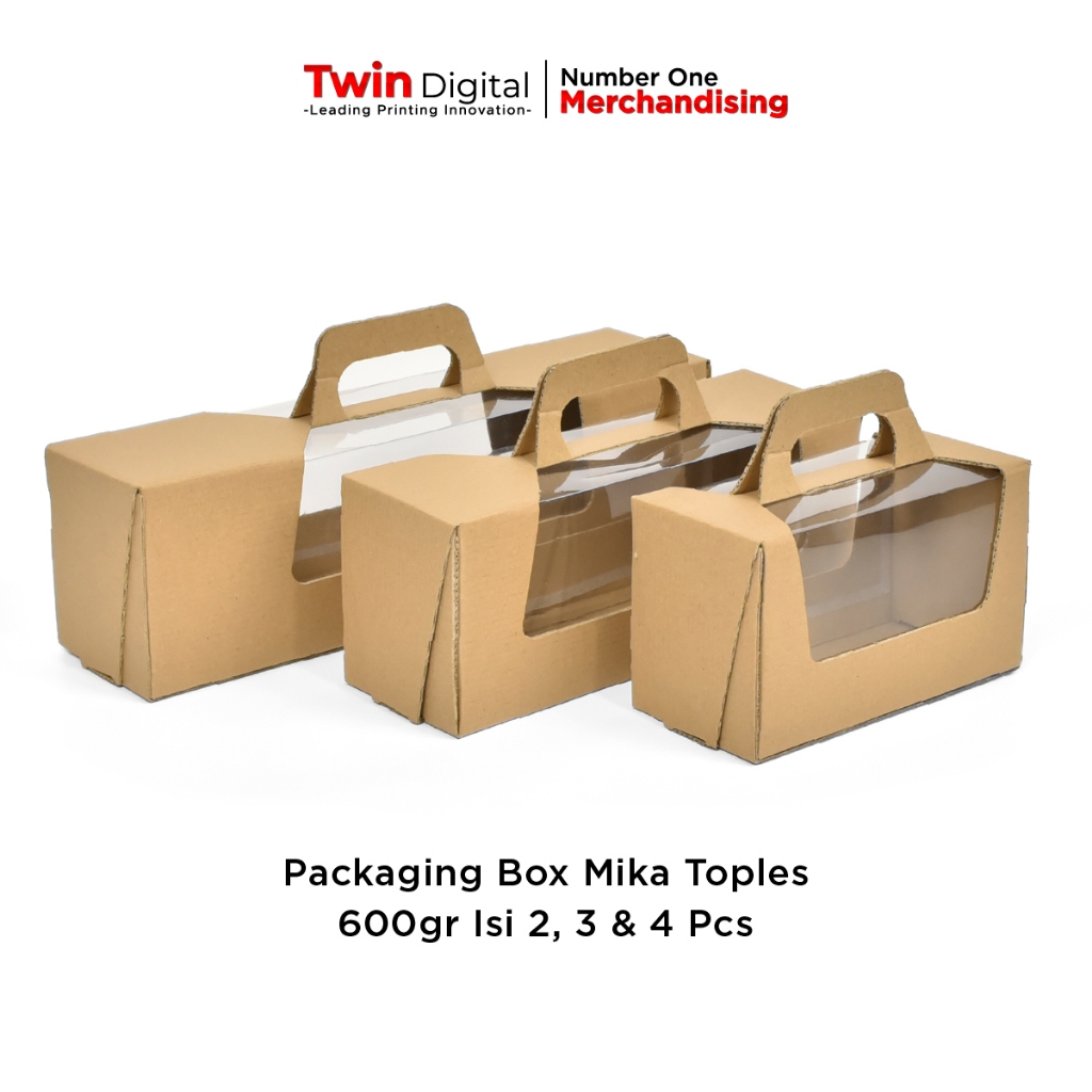 

Twindigital Packaging Box Kardus + Mika Toples Jar 600gr Muat 2 Pcs / Gable Box / Kotak Hampers Isi 3 dan 4 Toples - Box Corrugated