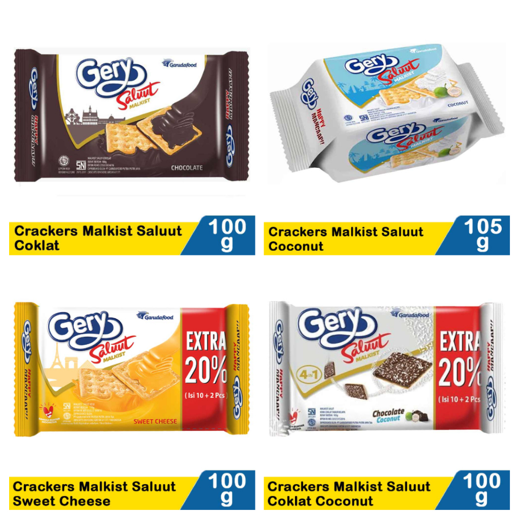 

Gery Crackers Malkist Saluut Salut Varian Rasa Chocolate Cokelat Sweet Cheese Keju Manis Krim Coklat Taburan Kelapa Choco Coconut Biskuit Cream Halal Snack Cemilan Makanan Ringan Krekers Cracker Kreker Wafer Wafers Garudafood Garuda Food Pekanbaru Riau