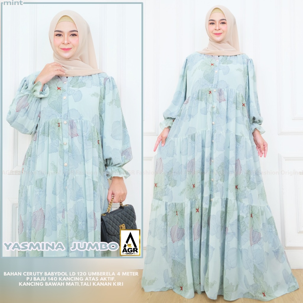 Yasmina gamis best seller jumbo bahan Ceruty babydoll Ld 120cm Pj baju 140cm JUMBO ALL SIZE FIT XXXL