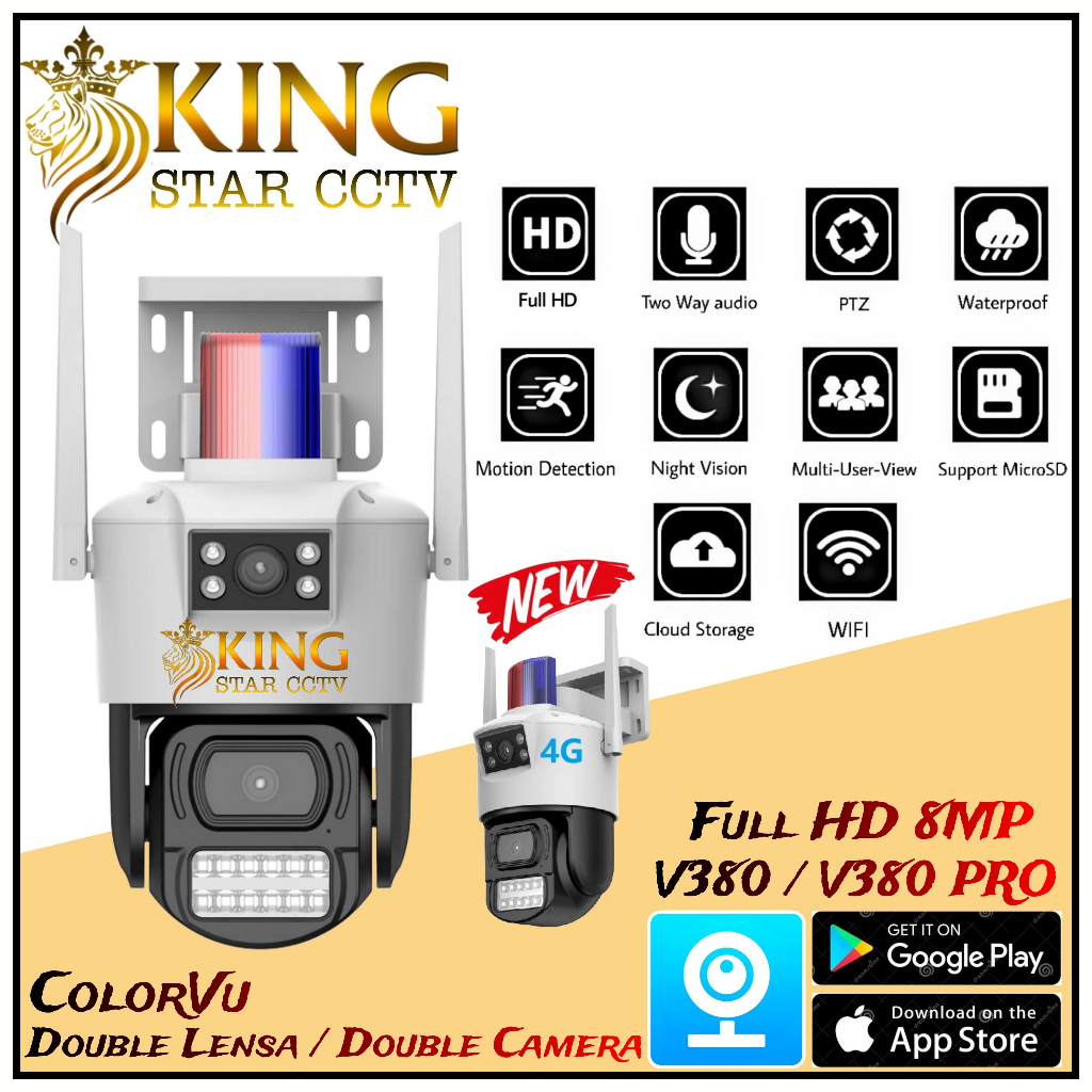 IP Camera CCTV Outdoor Wifi V380 8MP Double Lensa 360" PTZ Camera Double Lensa