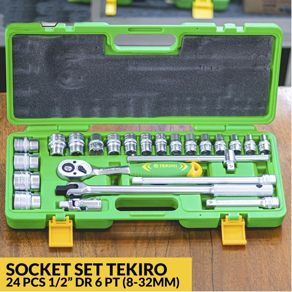 TEKIRO Kunci Sok Set 24pcs Kunci Shock Set Lengkap Kunci Mata Sock 1/2" 6pt Full TOOL KIT 10 PCS Kun