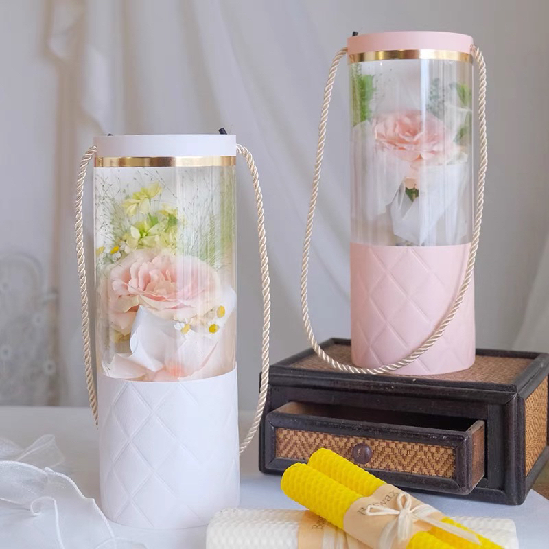 Round flower box tabung + tali / Kotak tabung mika tube tenteng / Kemasan buket florist korean premi