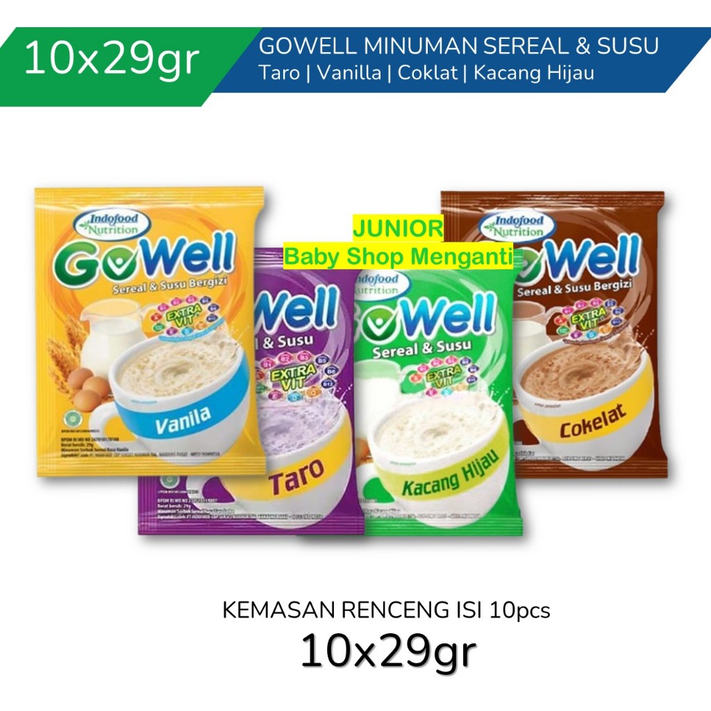 

GOWELL Sereal Susu sarapan sehat dengan Rasa TARO VANILA COKLAT dan KACANG HIJAU 1 renceng isi 10...