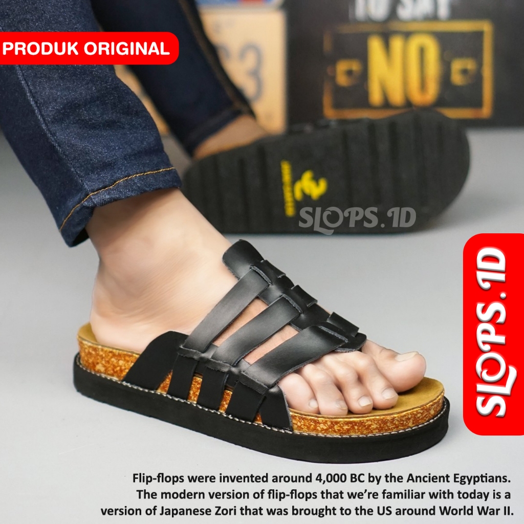 SLOPS ATTILA Sandal Jepit Pria Footbed Kulit Hitam Original Branded Lokal