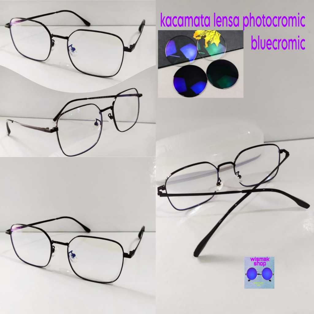 Kacamata model frame full kotak titanium korea lebar lensa photocromic bluecromic