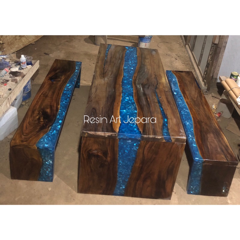 Set Meja Makan Trembesi Resin, Bangku Makan Trembesi Resin, Meja resin