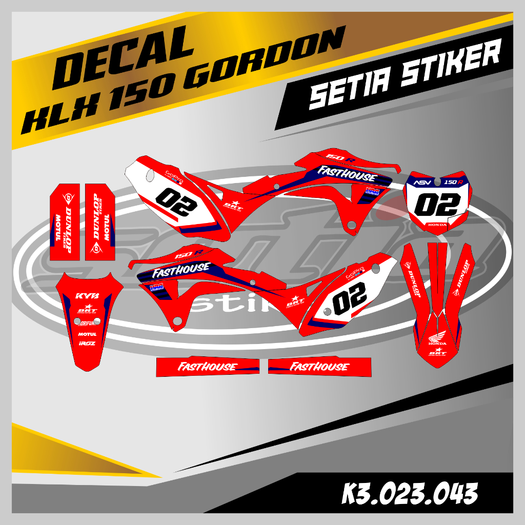 DECAL KLX GORDON, WARNA MERAH, STIKER SUPERMOTO TRAIL, DESAIN BEBAS CUSTOM BARU (K3.023.043)
