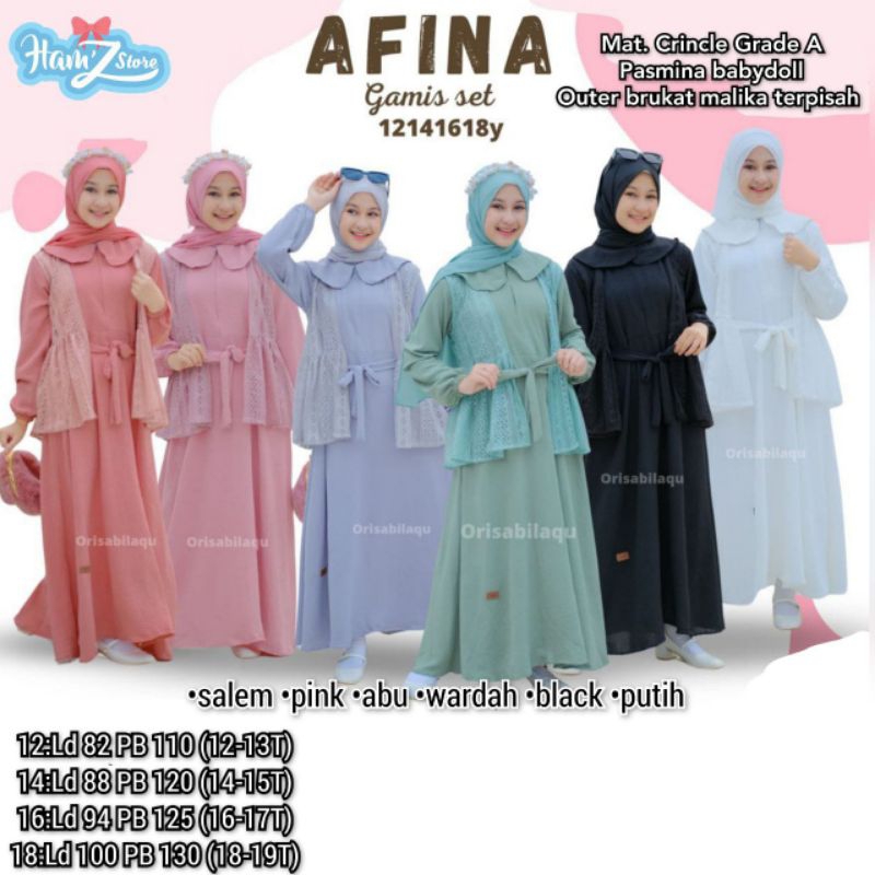 AFINA DRESS SET OUTER +INNER + PASHMINA ANAK REMAJA
