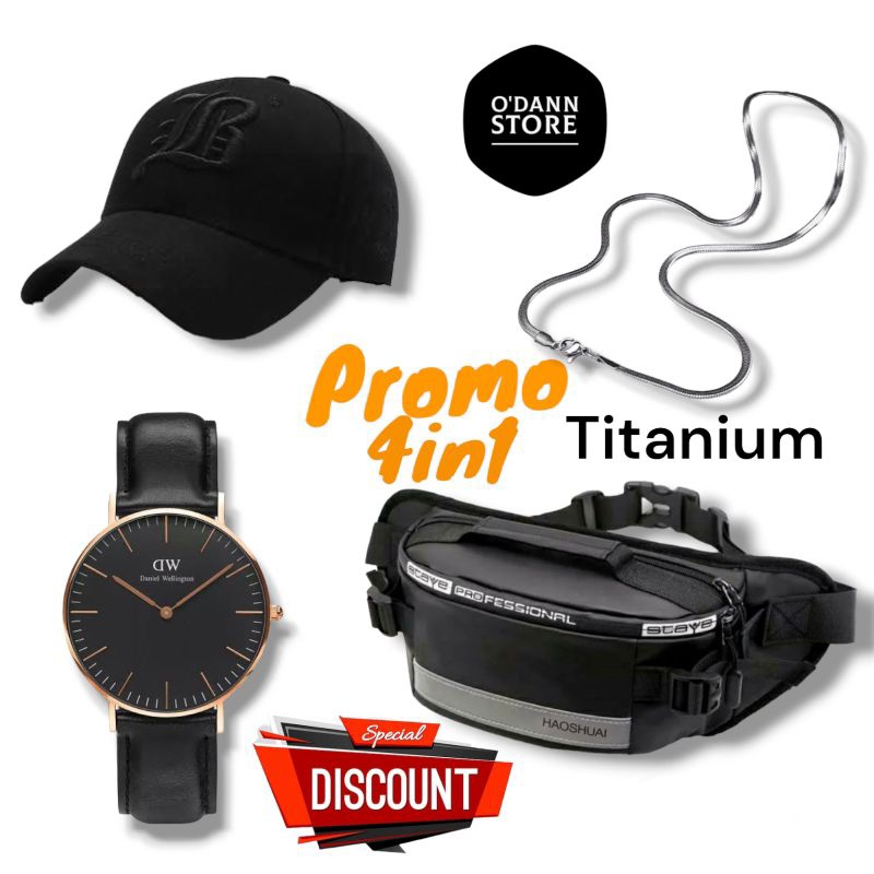 PAKET 4IN1 SELL- WAISTBAG TERBARU PRIA WANITA TOPI TRACKER KALUNG TITANIUM JAM KULIT DW