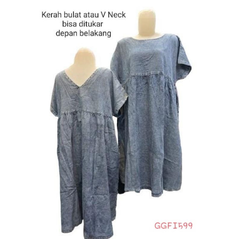 GGFI599 Dress Wanita Jeans Denim Polos Vneck Oneck Jumbo 3L dan 5L saku samping