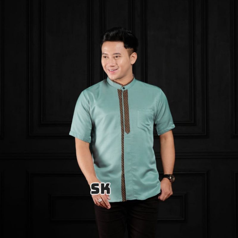 ATASAN BAJU KOKO PRIA COWOK LAKI LAKI DEWASA BUSANA MUSLIM LENGAN PENDEK POLOS KOMBINASI LIST WARNA 