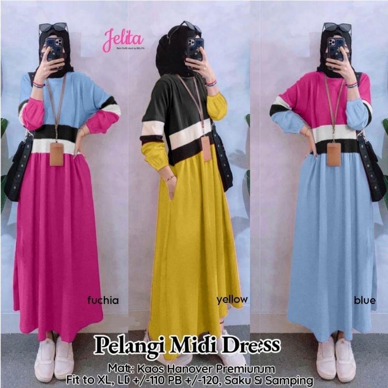 329. ELIFA samara abony pelangi kiyona midi dress gamis cewek bahan kaos babyterry hanover aster pol