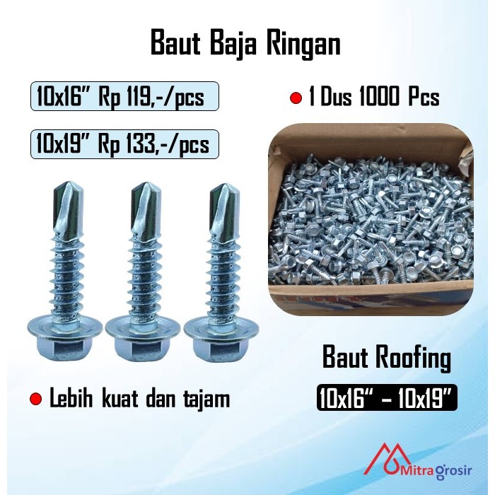 1 Dus Baut Baja Ringan / Baut Skrup Baja Ringan 10x16 10x19 Termurah 1000 Pcs Mild Steel Bolts Roofi