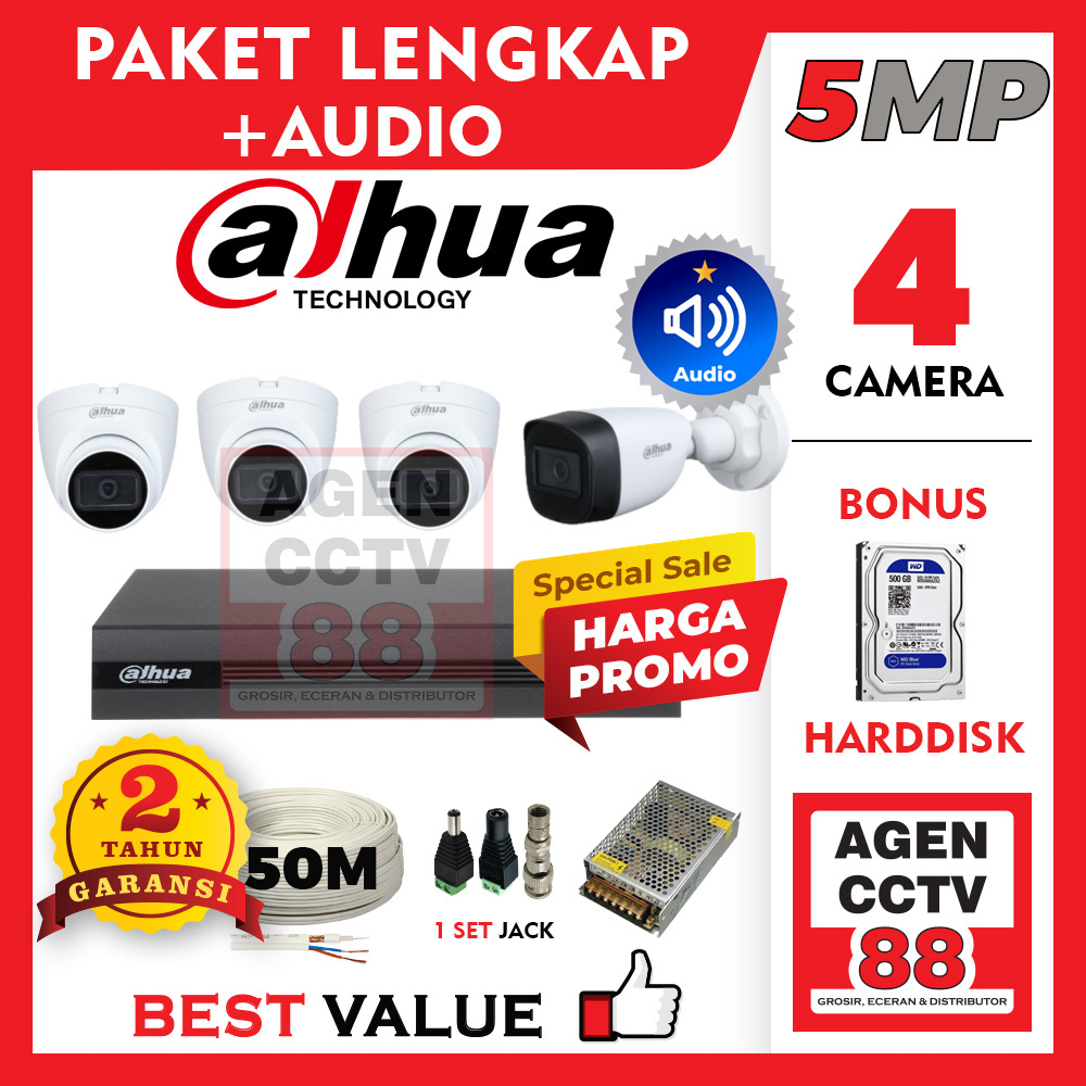 Paket CCTV DAHUA MIC AUDIO Suara 5MP 4 Channel Kamera Lengkap Kabel +HDD