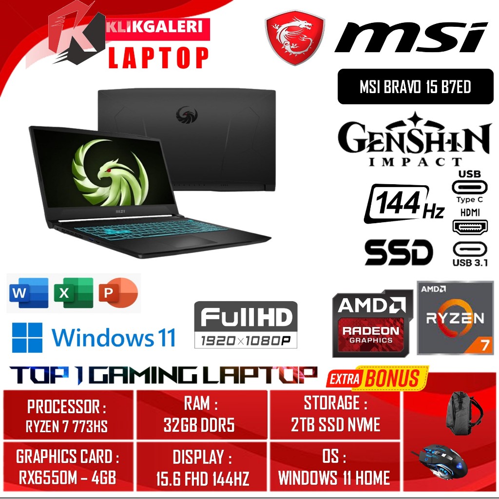 MSI BRAVO 15 AMD RYZEN 7 7735HS RTX4050-6GB 32GB DDR5 1TB SSD 15.6 FHD IPS RGB 144Hz WINDOWS 11 ORIG