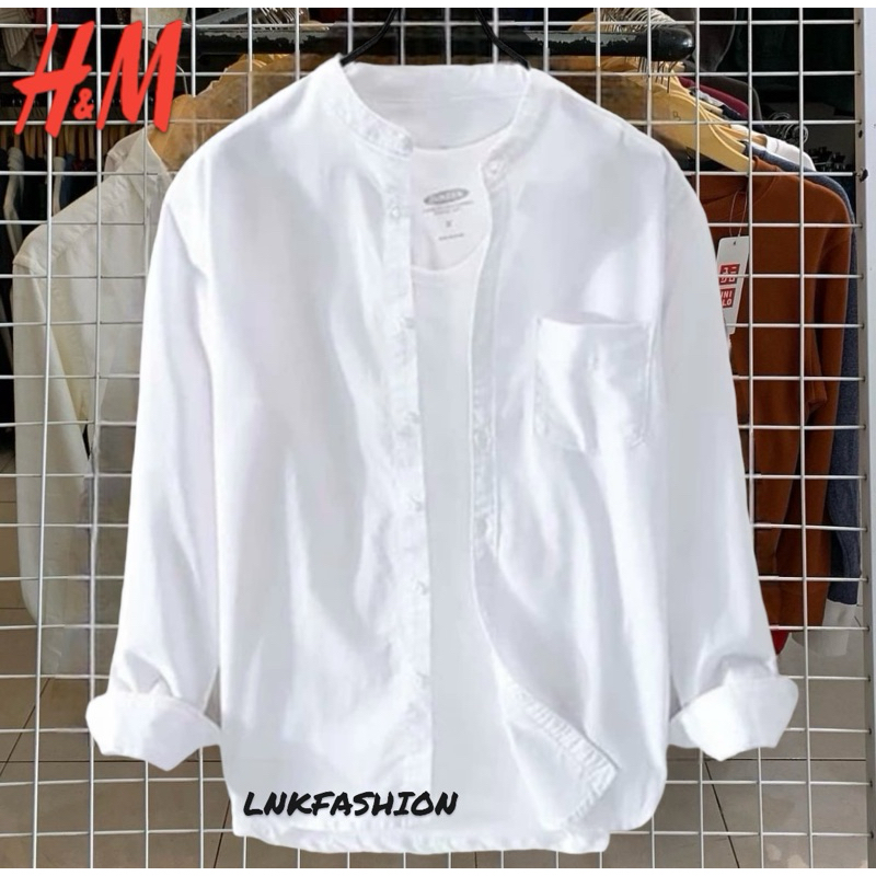 Kemeja Panjang Polos Putih H&M Kerah Sanghai Kemeja Casual Slim Fit