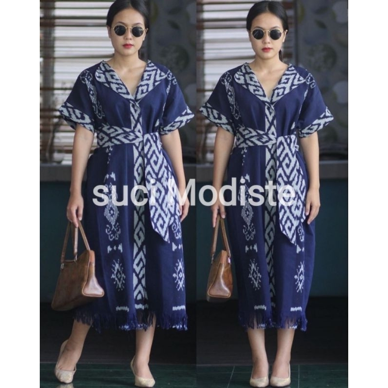 dress tenun biru navy etnik kasual modern model A line