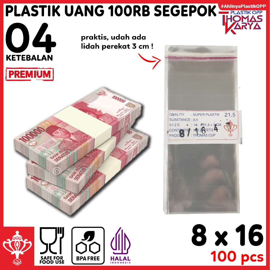Plastik Uang 100 Lembar isi 100 Kantong OPP Bening Ukuran 8x16 dengan Seal Lem Perekat