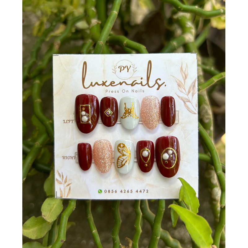 Kuku Palsu / Press On Nails / Wedding Nail art / Fake nails Warna merah maroon