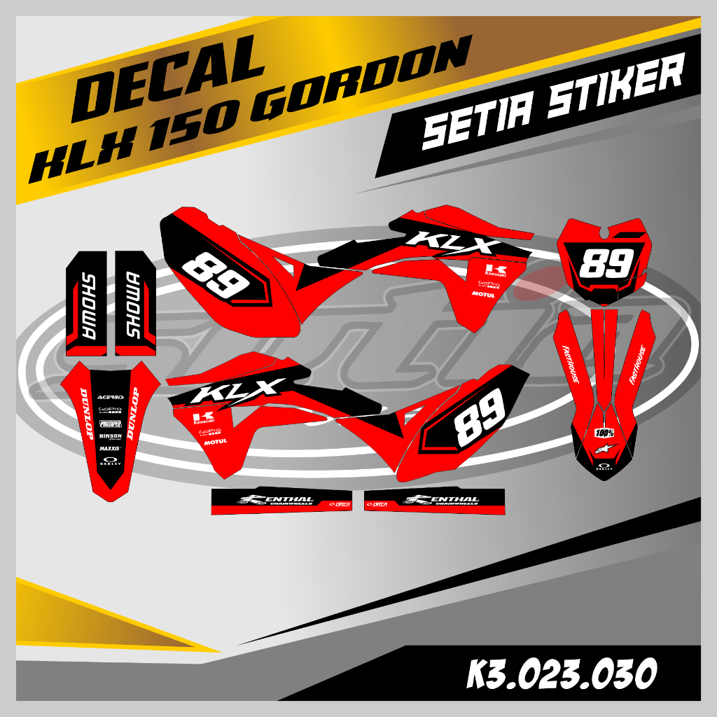 DECAL KLX GORDON, WARNA MERAH HITAM ELEGEN, KEREN, SIMPLE, STIKER SUPERMOTO TRAIL, DESAIN BEBAS CUST