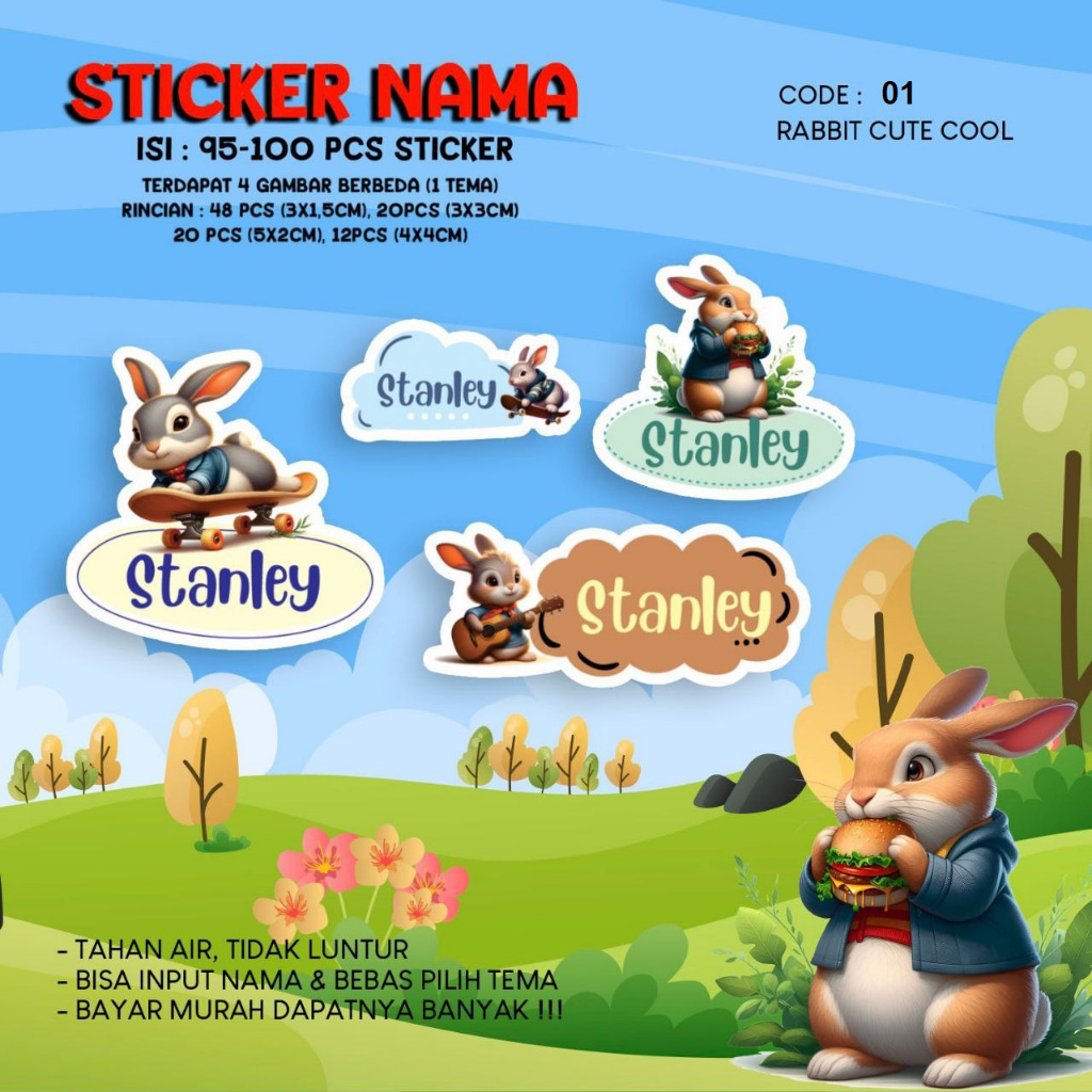 

Sticker / Stiker Label Nama Karakter Tema CUTE RABBIT / KELINCI