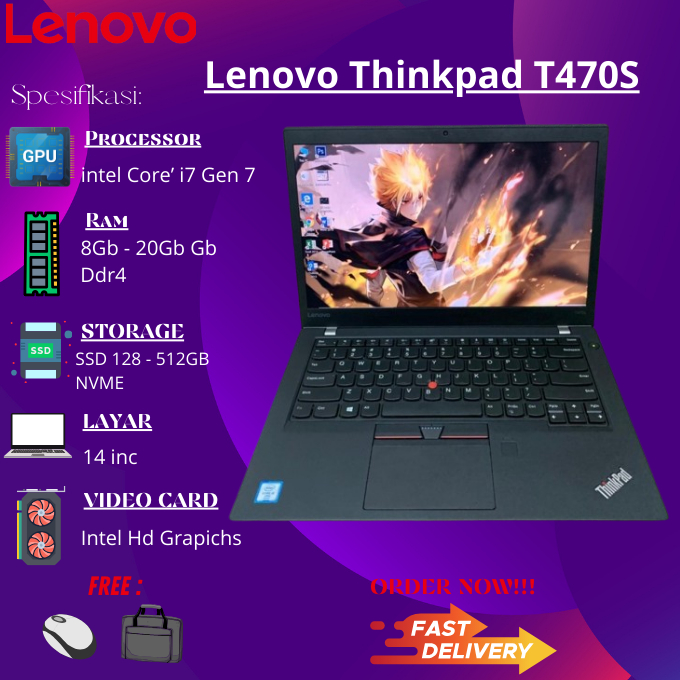 Laptop Lenovo Thinkpad T470S Core I7-7600u Gen 7 - Ram 8GB SSD 256GB BERGARANSI