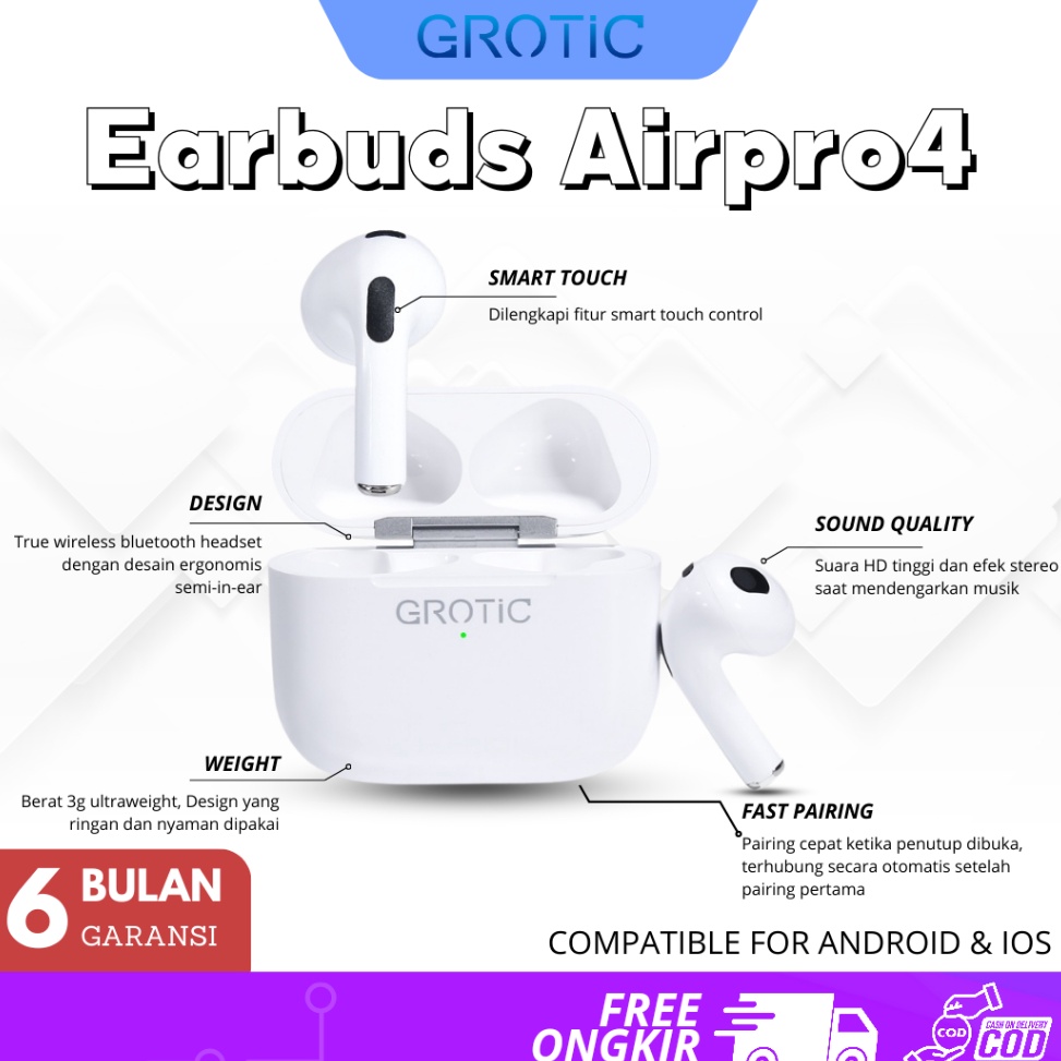 BOOMING GROTIC Bluetooth Headset Stereo TWS Earphone Wireless Airpro4