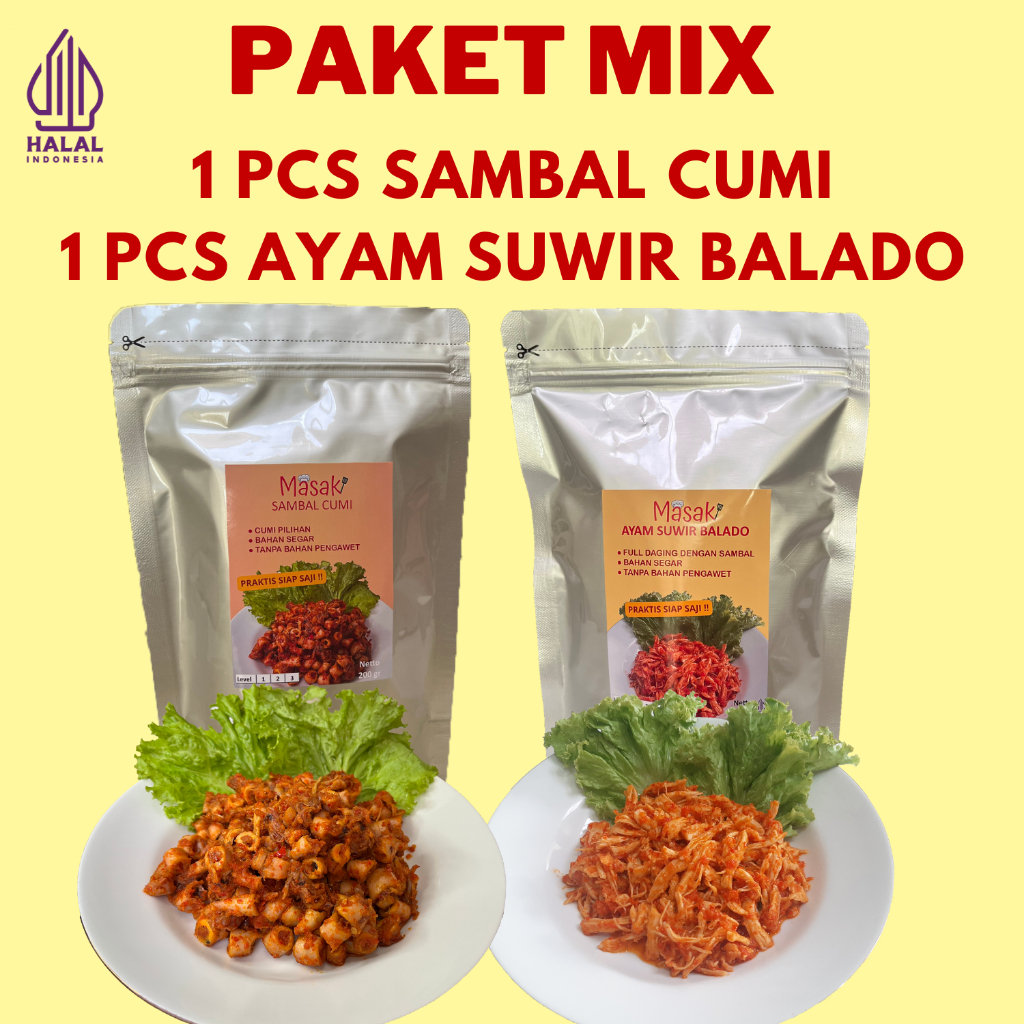 

MASAK PAKET MIX ( 1 PCS SAMBAL CUMI & 1 PCS AYAM SUWIR BALADO ) / SAMBAL / OSENG MERCON / AYAM SUWIR / SAMBAL CUMI