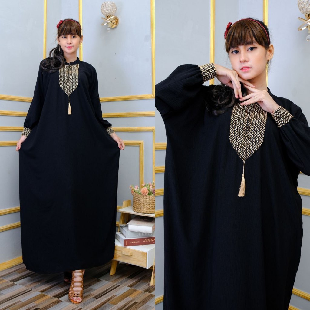 Gamis Kaftan Sultan Warna Hitam Polos Kombinasi Renda LD 140cm Panjang 140cm Panjang 140cm | Baju Ka
