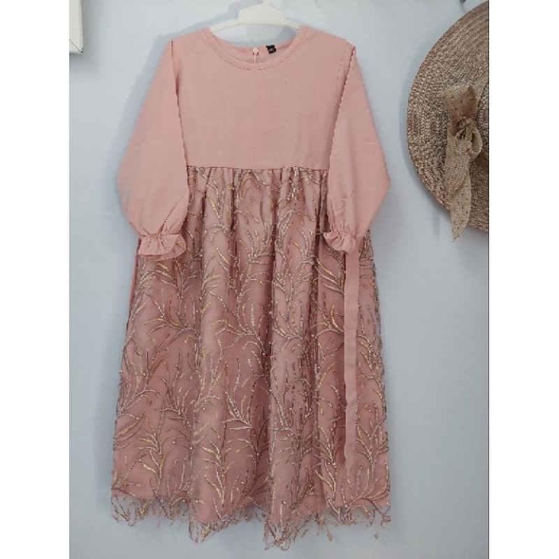 Preloved gamis anak dress baju muslim gaun pink peach tile mutiara lebaran couple ibu sarimbit baby 