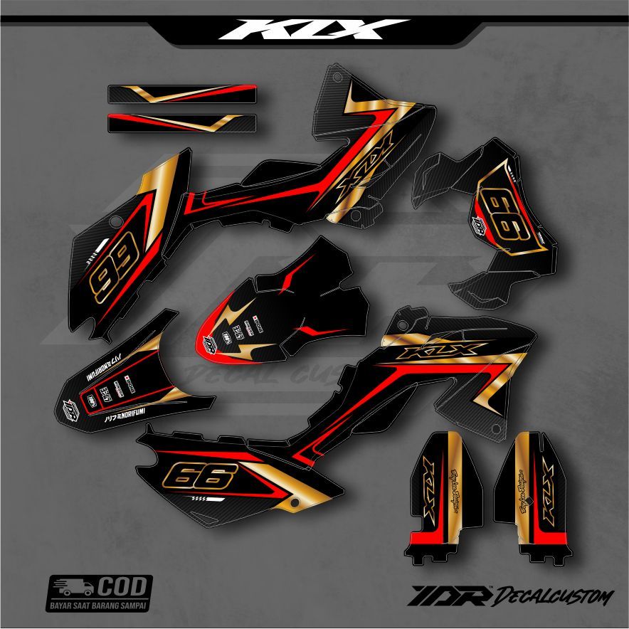 DECAL KLX BF HITAM LIS MERAH GOLD CUSTOM NAMA NOMOR DAN DESAIN