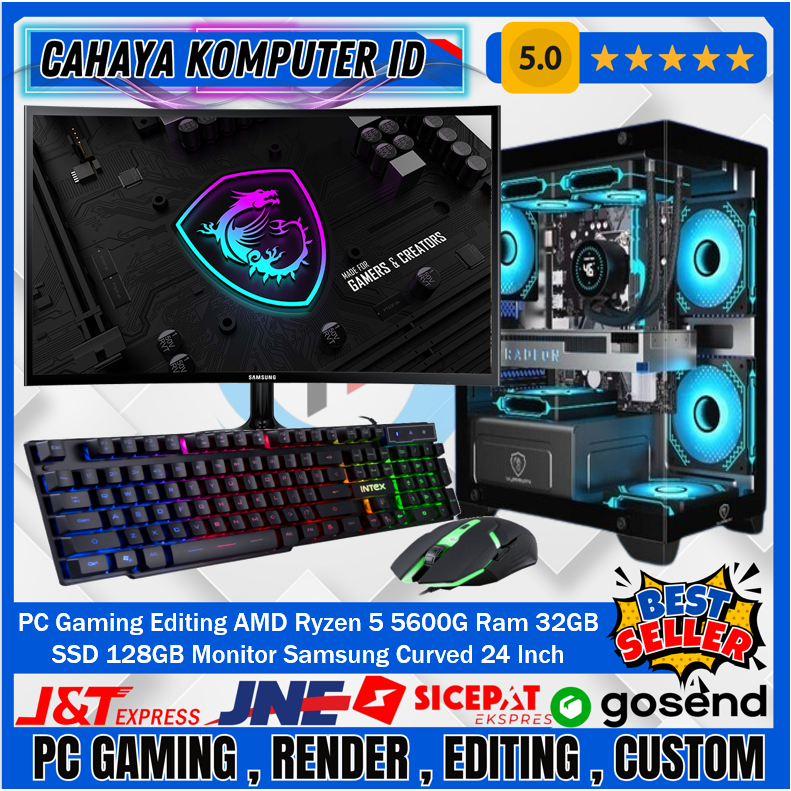 PC Gaming Fullset AMD Ryzen 5 5600G RAM 32GB SSD 256GB lengkap LED Samsung CURVED 24 inch
