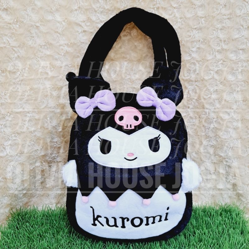 Tas Tenteng Kuromi Bulu Pompom Zigzag Totebag Kuromi Bulu Hitam Ungu Tas Kuromi Bulu Ungu Hitam