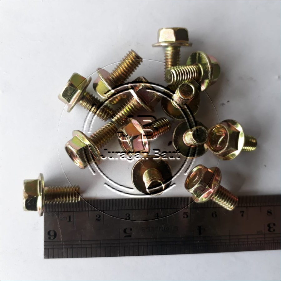 FLANGE BOLT M6 X 12 BAUT TOPI M6X12 WARNA KUNING KUNCI 10 PANJANG 1,2CM 1,2 CM 12MM DIAMETER BATANG 