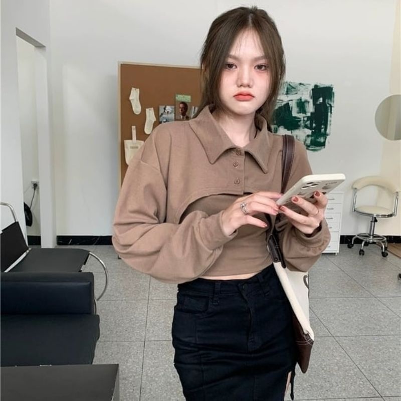 Sweater Crop Sonia Collar Oversize | Crop Oversize Style Korea | Sweater Korea Crop Oversize