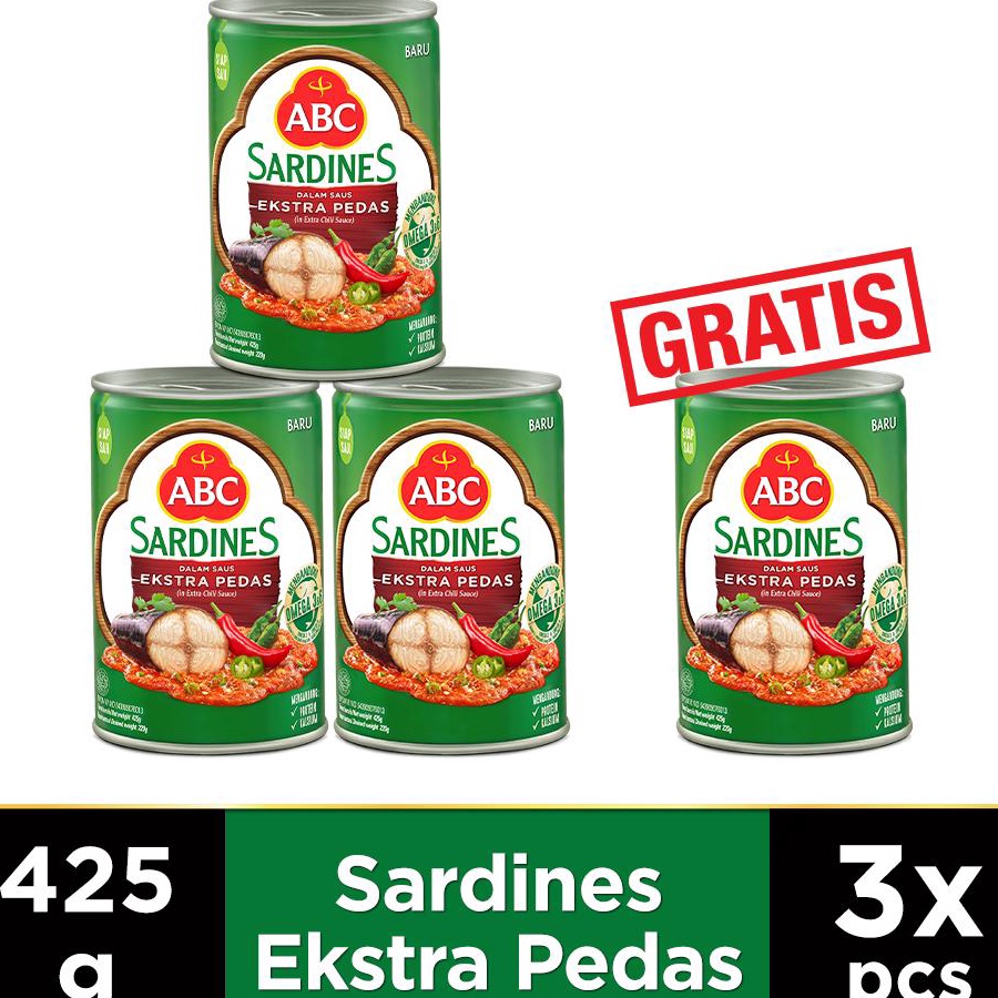 

COD ABC Sarden Saus Extra Pedas 425 g Buy 3 pcs Get 1 pcs Free