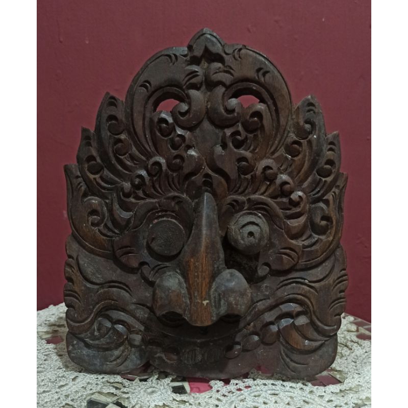 Pajangan Vintage Ukiran Barong Leak Bali Lawas kayu Jati tua T:22X18cm
