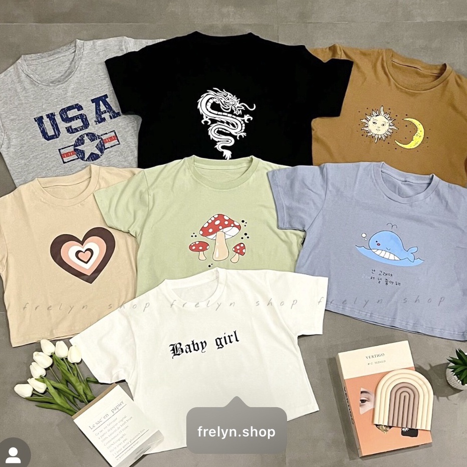 BestSeller FRELYN SHOP  CROP TOP MOTIF  BAJU KAOS TUMBLR CROP TEE TSHIRT KAOS KOREA FASHION WANITA S