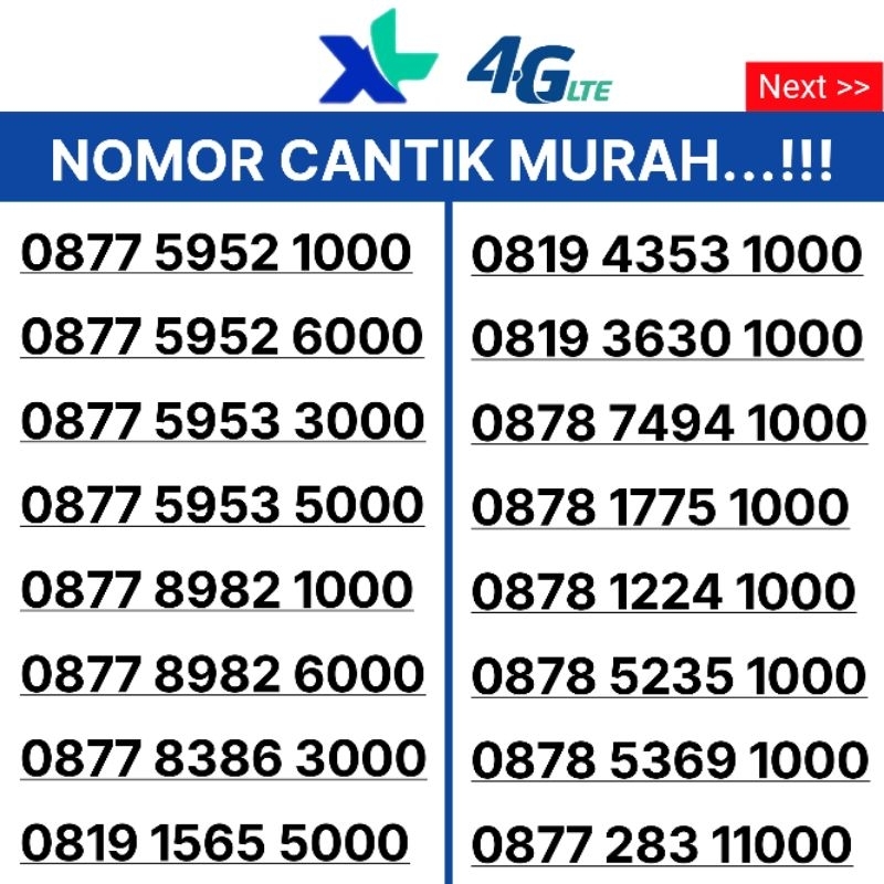 Kartu Perdana Nomor Cantik XL 4G 1000 2000 3000 4000 5000 6000 7000 8000 9000
