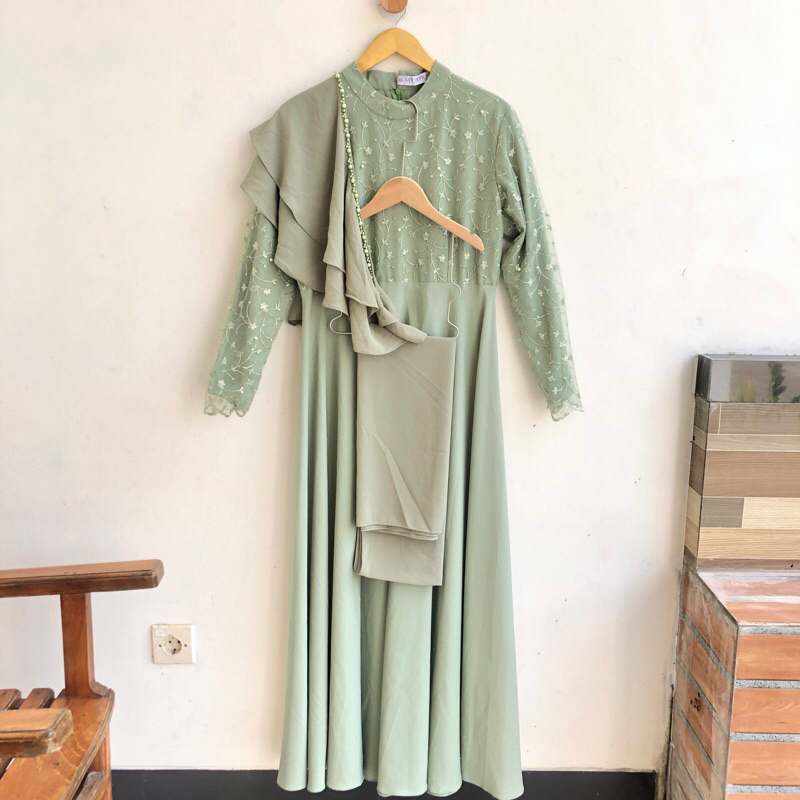 Lyf Official Alyra Dress XL Green Matcha & pashmina polos green matcha