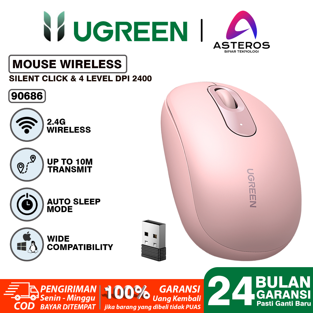 UGREEN Mouse Ergonomic Wireless Bluetooth 2 IN 1 Koneksi Silent Click For Komputer Laptop-90686 PINK DONGLE