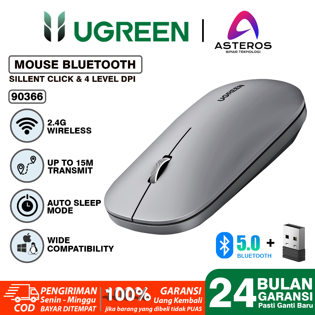 UGREEN Mouse Wireless Silent Klik Dual Koneksi Bluetooth + Dongle For Komputer Laptop Macbook-90366 NON BATERY GRY