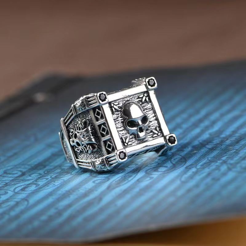 Cincin Tengkorak Kotak Ukuran Adjustable / Cincin Persegi Motif Kepala Tengkorak Hip Hop Punk / Cinc