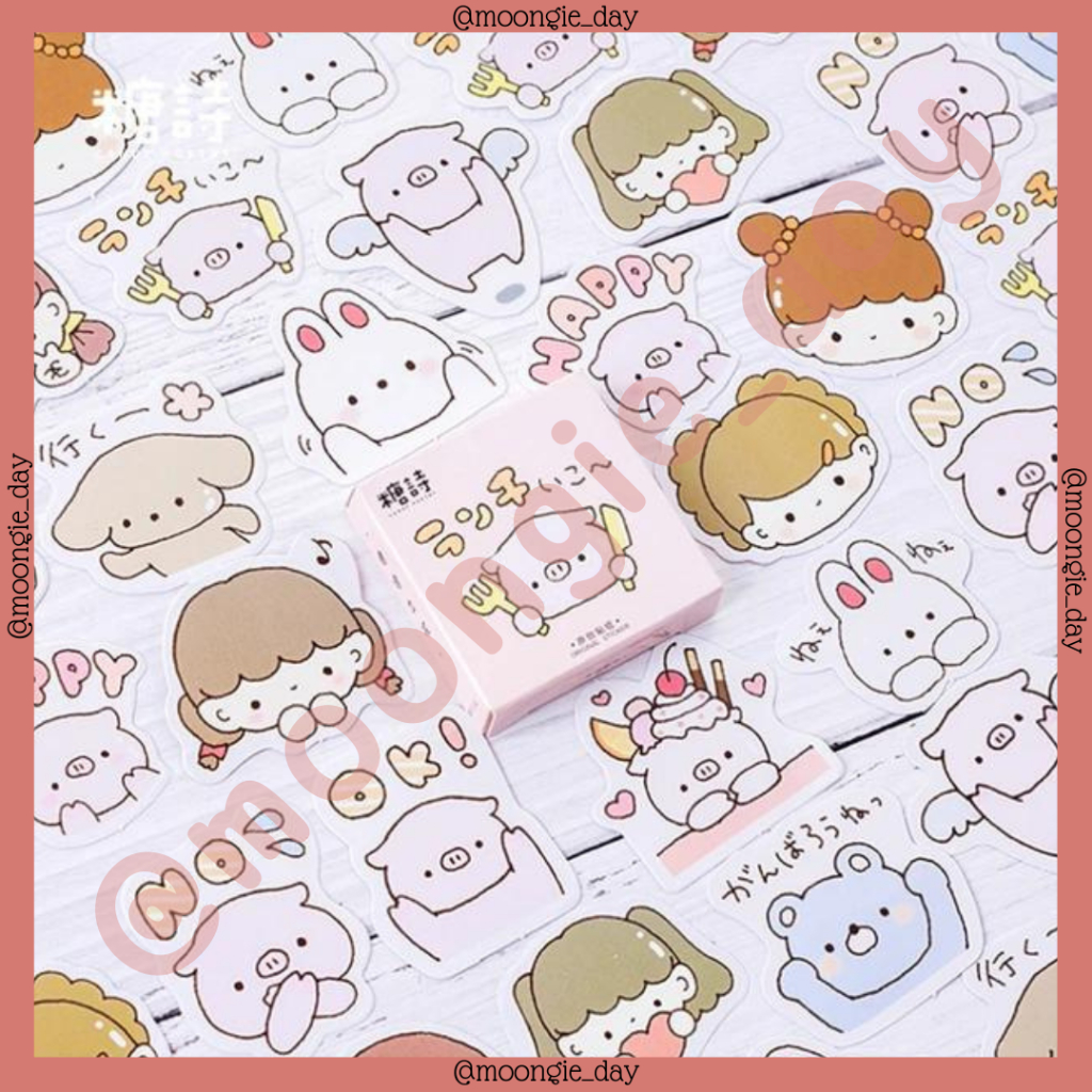 

45 PCS/BOX STIKER KERTAS TEMA ANIMAL PINK PIG AND GIRL KELINCI BERUANG BABI BULLET JOURNAL DIY DIARY JURNAL SCRAPBOOK STICKERS LUCU MURAH