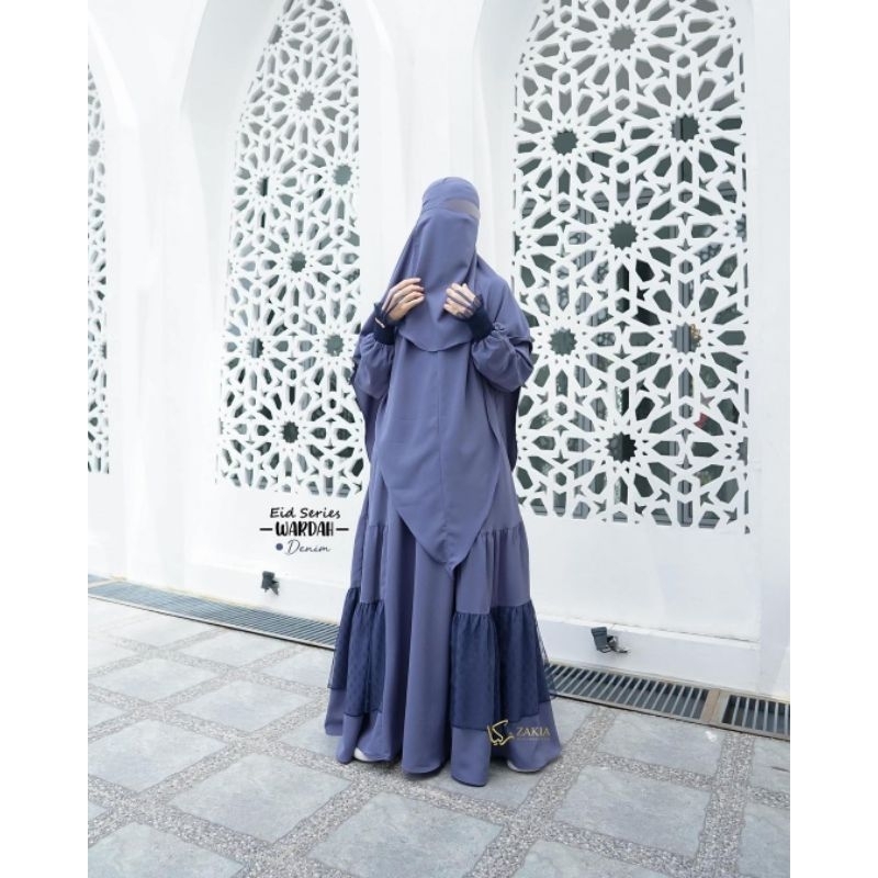Set Setelan Gamis Wardah Zakia Eid Series Plus French Khimar Fk cadar Instan Anti Pusing Wanita Muslimah Original Brand Denim