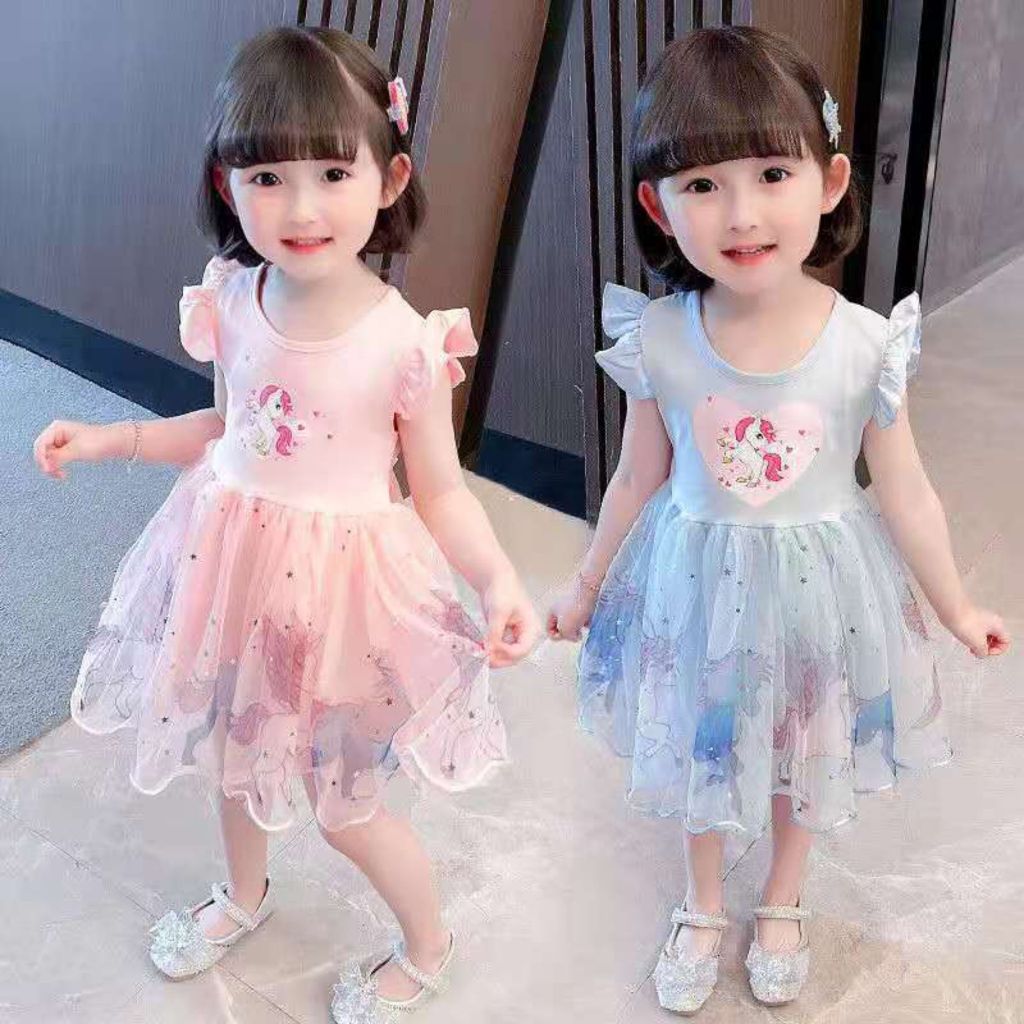 [PRINCESS KESLI] 0-7 Tahun Dress Unicorn Anak Perempuan Gaun Pesta Lucu Untuk Bayi Cewek Baju Ulangtahun Katun Kids Girls Blue Pink Image 4