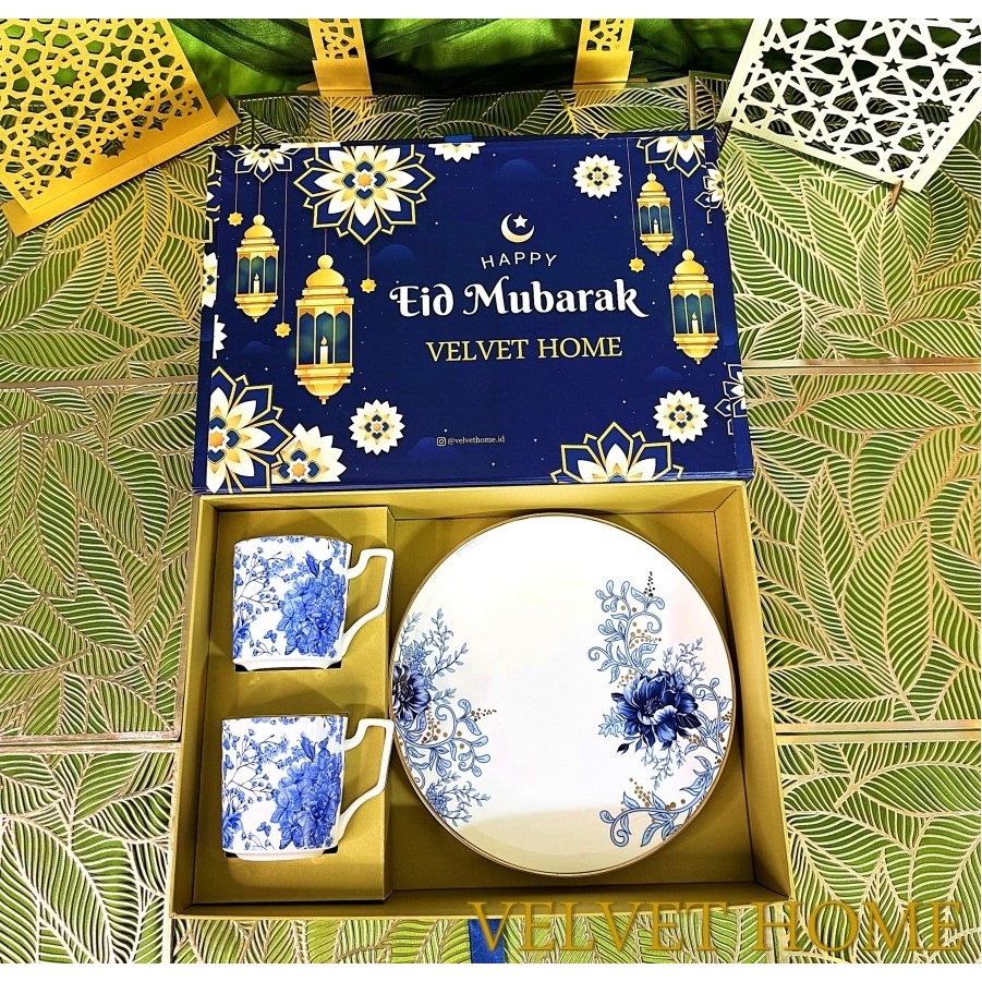 Hampers piring makan set mug lebaran natal imlek idul fitri ramadhan peony blue plate platinum hampe