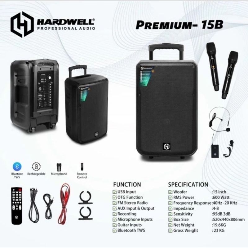 Speaker aktif portable Hardwell 15 inch Premium 15B Bluetooth karaoke