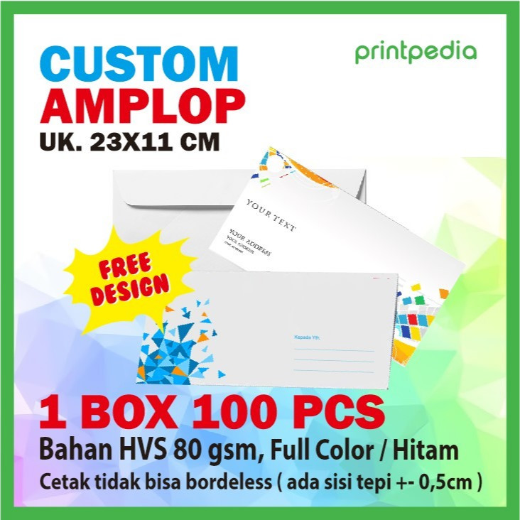 

Print / Cetak Amplop Perusahaan 1 Box No.90 Uk. 23 x 11 cm (Custom Full Color/BW)